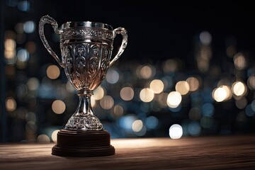 A gleaming silver trophy sits on a wooden surface with blurred city lights in background