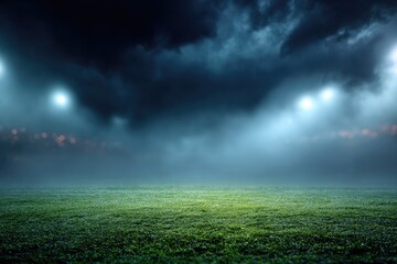 Stadium under dark sky. Green field with illuminated bright lights. Thick fog covers the ground