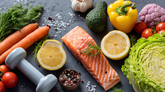 Fresh fish and various vegetables with a dumbbell for a healthy lifestyle