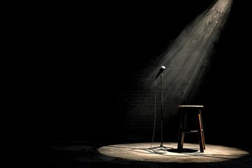 A single microphone on a stand next to a stool, illuminated by a spotlight against a black backdrop