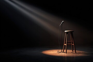 A microphone on a stand stands next to a stool, lit by a spotlight. The background is dark