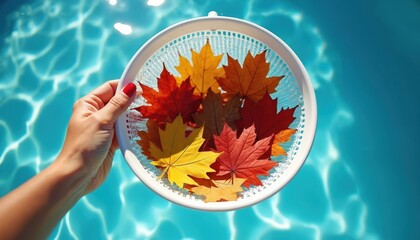 Person cleans swimming pool, gathering colorful autumn leaves. Hand holds skimmer basket full of red, orange, yellow fall foliage from bright blue water. Illustrates essential pool maintenance,