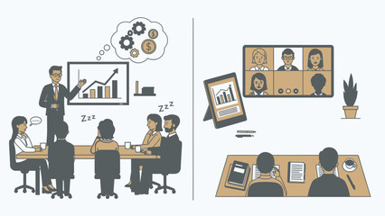 Traditional meeting and online video conference contrasting workplace communication styles