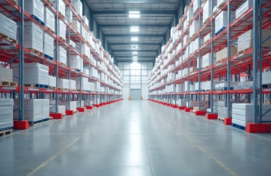 Vast industrial warehouse interior with tall metal racks filled with white boxed goods. Rows of storage shelves stretch into distance under bright overhead lights. Empty logistic center.