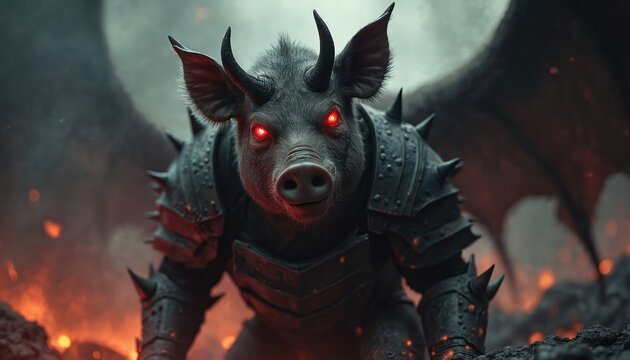 Black pig creature with red glowing eyes, sharp horns wearing metal armor with spikes in dark fantasy landscape. Boar monster stands in front of burning hellish environment. Fierce beast with armor,
