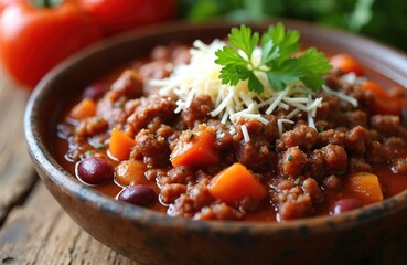 Close up photo of chili con carne dish in a wooden bowl. Meat based stew with red beans tomatoes carrots topped with cheese. Traditional food concept.