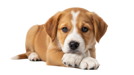 A light brown and white puppy with a white stripe on its head is lying down and looking forward