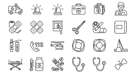 Collection of first aid and medical icons in outline style.