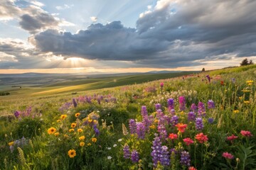 Fototapeta premium Beautiful Wildflower Landscape With Dramatic Clouds During Sunset in Spring