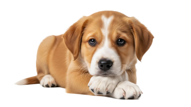 A light brown and white puppy with a white stripe on its head is lying down and looking forward