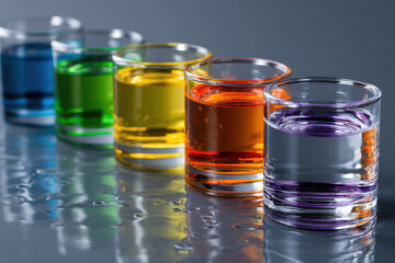 Colorful liquids in glasses arranged neatly on a reflective surface in a studio setting