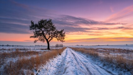 Winter sunset over snowy field with bare tree silhouettes and soft golden light casting long shadows across peaceful countryside landscape