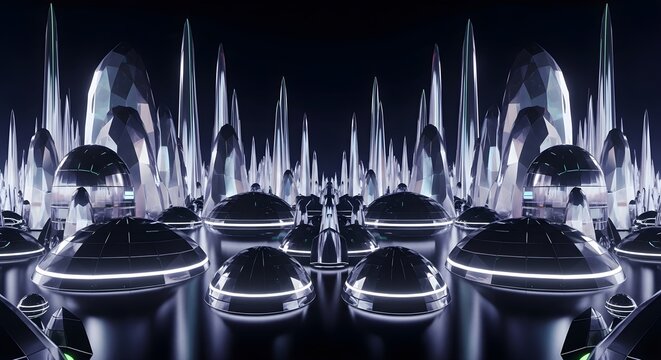 Futuristic crystal city with glowing saucers
