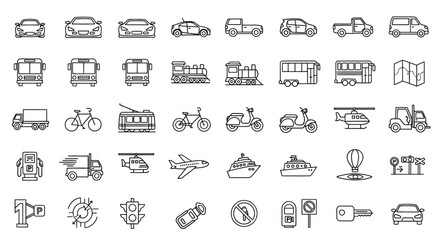 Collection of transportation icons: cars, buses, trains, planes, ships, and other vehicles in outline style.