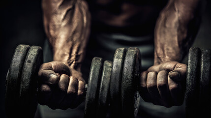 Close-up of muscular man lifting dumbbells for strength training