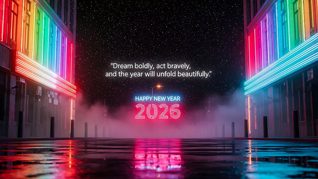 Vibrant neon-lit street celebration with falling confetti, glowing reflections, and a radiant “Happy New Year 2026” message paired with the inspirational quote “Dream boldly, act bravely, and the year