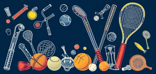 Intricate line drawing of various sports equipment, including balls, bats, and rackets, sports, ball
