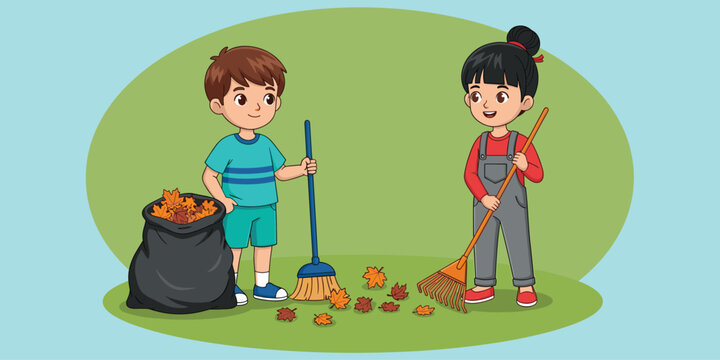 Children cleaning leaves, autumn chores, teamwork outdoors, seasonal activity, rake and broom, fall cleanup, flat vector illustration