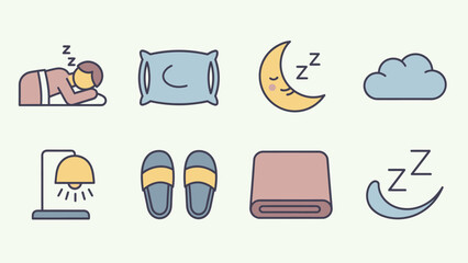 A collection of colorful flat design icons representing sleep, comfort, and relaxation items.