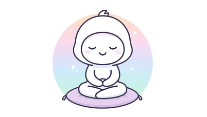 Obraz premium A cute cartoon character meditating peacefully on a purple cushion with a pastel rainbow background.