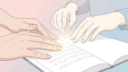 Hands touching a Braille book, with one person guiding another to read the raised dots, symbolizing learning and assistance for the visually impaired.