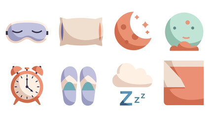 Collection of sleep-related icons, including a mask, pillow, moon, alarm clock, and slippers.
