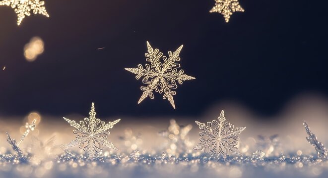 Macro photograph of beautiful snowflakes glittering on a dark winter background