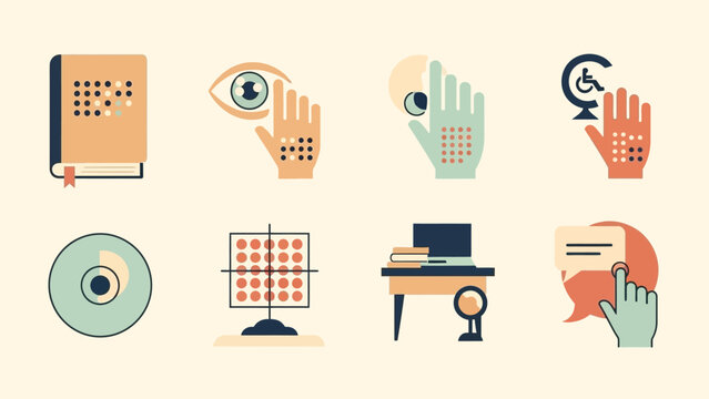 Icons representing accessibility for the visually impaired, including braille, screen readers, and assistive technology.