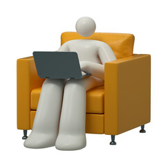 A man sits comfortably in a yellow armchair with a laptop on his lap