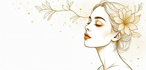 Woman with flower in hair, closed eyes. Floral illustration of female face with leafy branch. Beauty, nature concept with golden accents, starry background. Elegant lady with stylish hair, makeup.