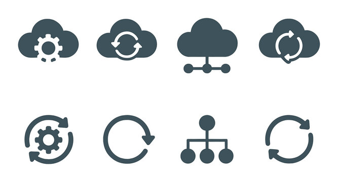 Cloud computing and synchronization icons on dark background