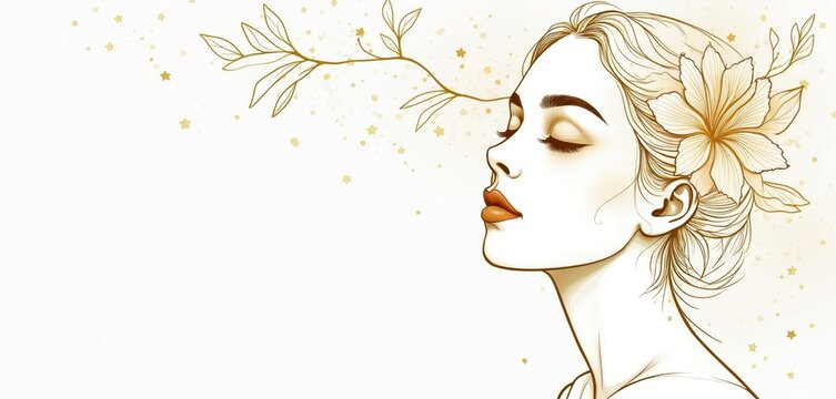 Woman with flower in hair, closed eyes. Floral illustration of female face with leafy branch. Beauty, nature concept with golden accents, starry background. Elegant lady with stylish hair, makeup.