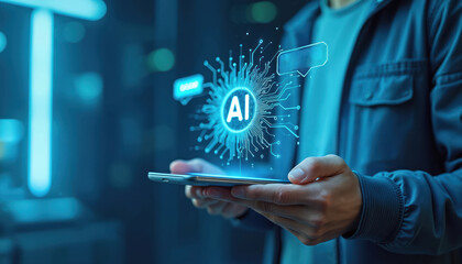 Man uses smartphone with glowing AI graphic interface. Futuristic tech concept showing digital artificial intelligence. Person interacts with smart AI assistance for work or business.