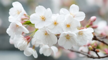 Obraz premium Cherry blossom tree blooms in spring with delicate white flowers