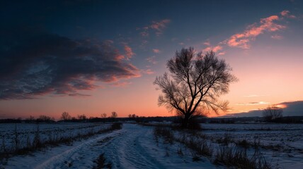 Winter sunset over snowy field with bare tree silhouettes and soft golden light casting long shadows across peaceful countryside landscape