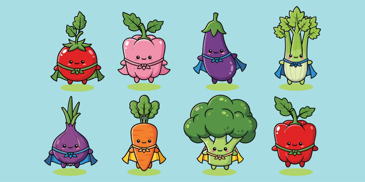 Superhero fruits and vegetables, cartoon healthy food, heroic characters, fun nutrition icons, kids health theme, flat vector illustration