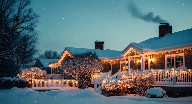Glowing Christmas Lights Adorn A Cozy Home During A Quiet Winter Evening With Falling Snow And Blue Twilight Sky