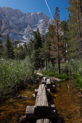 Wooden Log Bridge on the Mount Whitney Trail, Leading to Majestic Peaks