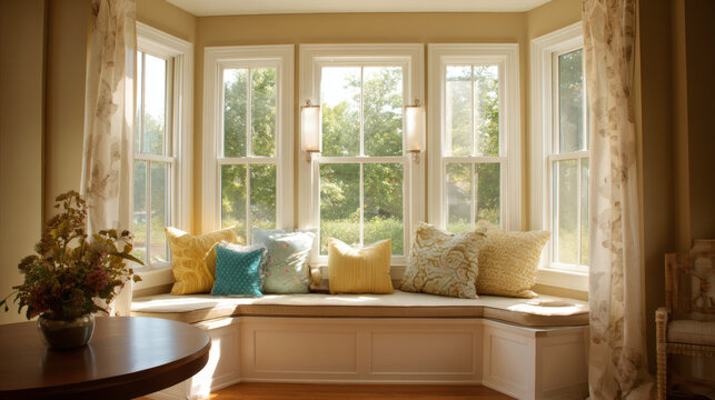 Cozy bay window with colorful pillows and natural light coming in