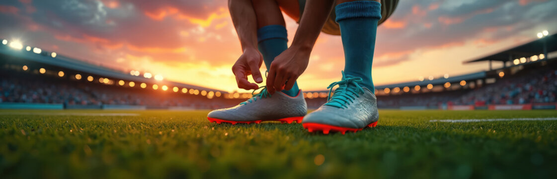 Man ties laces on soccer cleats on green grass field. Stadium lights and sunset sky create warm atmosphere. Athlete prepares for game on turf. - Powered by Adobe