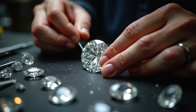 Close up of hands inspecting large cut diamond on table. Gemstones scattered around. Jeweler checks quality and purity. Luxury jewels concept for jewelry store sale or workshop ad.