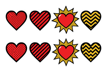 Pop art style red and yellow heart patterns on dark background