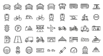 Collection of transportation icons in outline style, including cars, trains, planes, and bicycles.