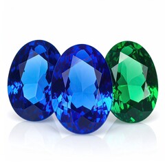 Three oval-cut gemstones, blue, green, and blue, on a white background, reflecting light
