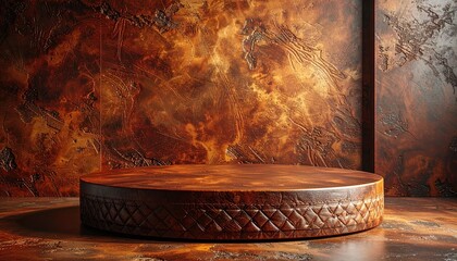 Circular wooden podium on a textured brown surface