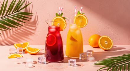 Refreshing citrus beverages with orange garnish under sunlight