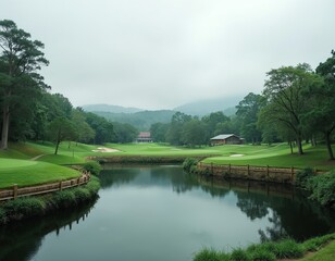 Fototapeta premium Empty golf course with calm water feature. Rich green fairways, sand traps, tall trees surround tranquil pond. Distant buildings, misty mountains create serene golf landscape on overcast day. Ideal