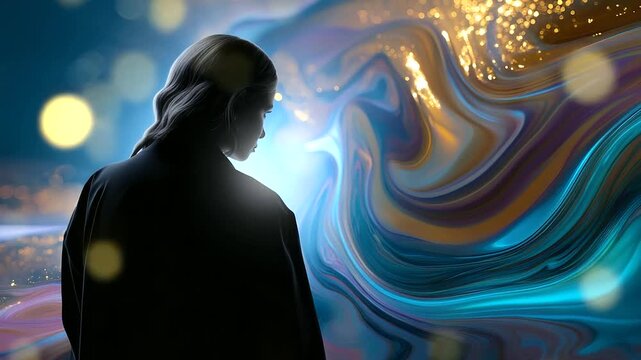 Soft-focus faceless silhouette near a luminous liquid abstract vortex, bold pigments swirling with glossy highlights, modern artistic tone, with copy space