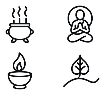 Zen meditation symbols: cauldron, meditating figure, candle flame, leaf design