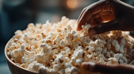 Close-up of a hand selecting fresh popcorn from a large bowl, creating a warm and inviting snack scene with soft lighting